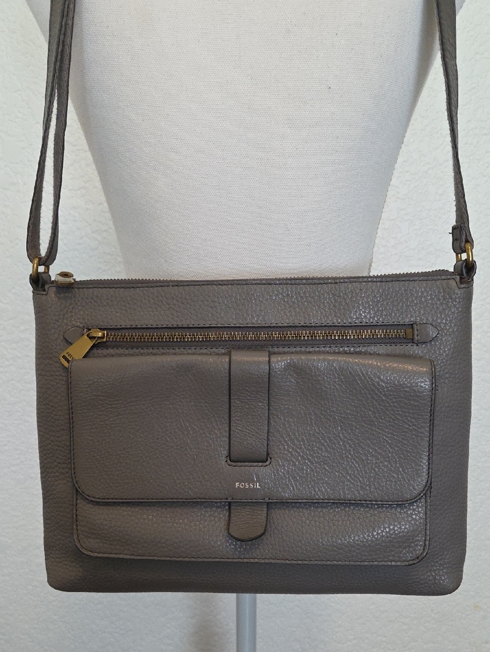 Fossil Gray Pebbled Leather Crossbody Bag